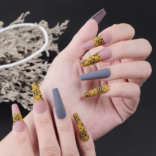 Bohemian Elegance Long Coffin Press On Nail Set in Matte Gray and Yellow Floral Design with Chic Geometric Pattern