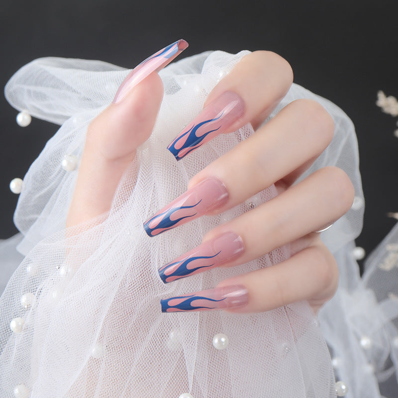 Flame Kissed Long Coffin Press On Nail Set in Pink with Blue Flame Design for Bold Stylish Look