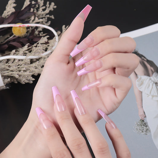 Glamorous Fairy Tale Long Coffin Press On Nails Pink Ombre Design with Unique Clear Tip Feature