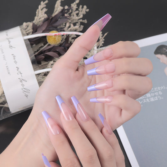 Dreamy Lavender Elegance Long Coffin Shape Press On Nail Set in Soft Purple and Clear with Stylish Two-Tone Design