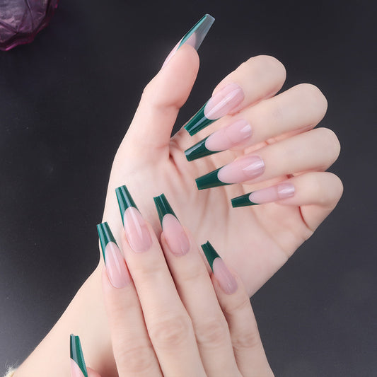 Glamorous Forest Green Long Coffin Press On Nail Set with Ombre Design and High Shine Finish
