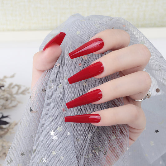 Glamorous Elegance Long Coffin Red Press On Nail Set with High Gloss Finish