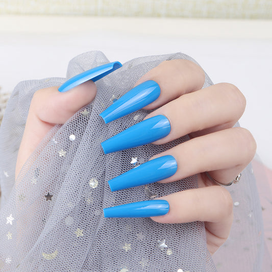 Ocean Breeze Long Coffin Shape Glossy Bright Blue Press On Nail Set with Radiant Shine