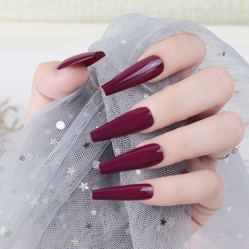 Glamorous Evening Elegance Long Coffin Burgundy Press On Nail Set with High Shine Finish