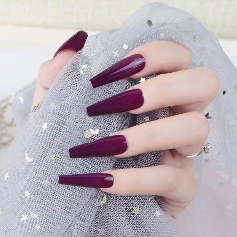 Glamorous Night Long Coffin Press On Nails Deep Purple Glossy Finish with Starry Glitter Accents