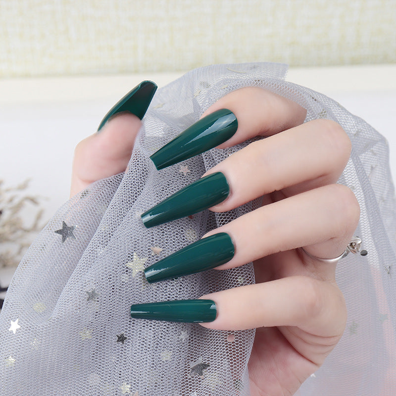 Mystical Emerald Long Coffin Press On Nail Set Glossy Dark Green Color with Starry Metallic Accent