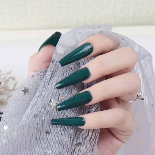 Mystical Emerald Long Coffin Press On Nail Set Glossy Dark Green Color with Starry Metallic Accent