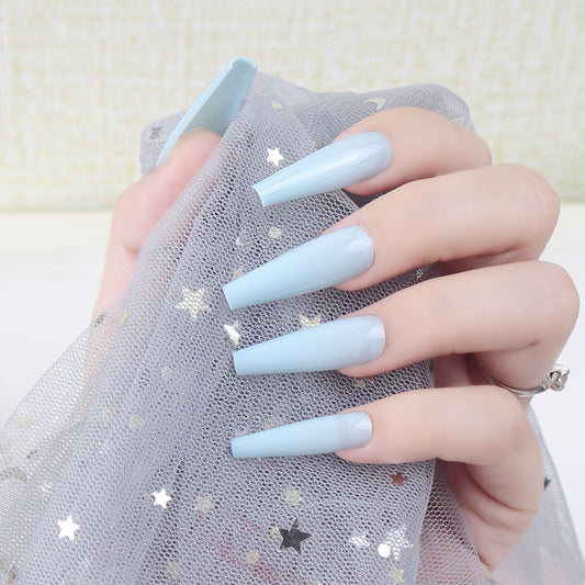 Celestial Dream Long Coffin Press On Nails Light Blue with Glossy Finish and Starry Accents