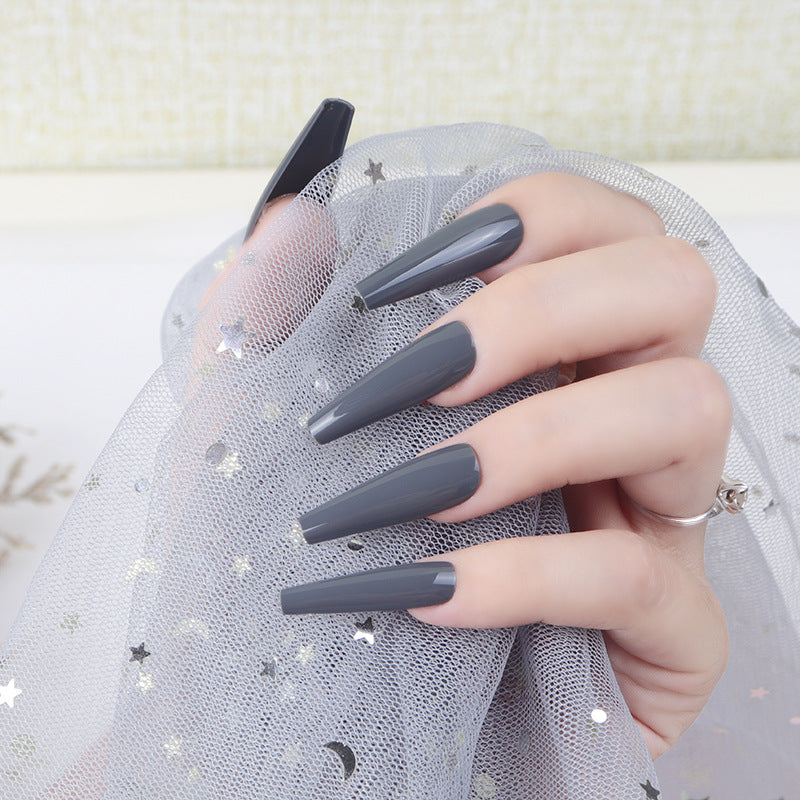 Moonlit Elegance Long Coffin Press On Nails in Charcoal Gray with Glossy Finish for a Stunning Night Out Look