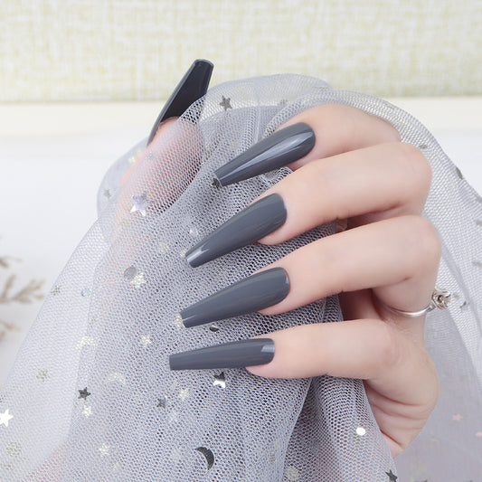 Moonlit Elegance Long Coffin Press On Nails in Charcoal Gray with Glossy Finish for a Stunning Night Out Look