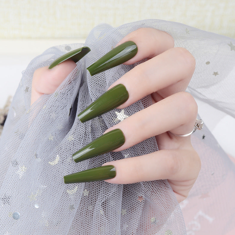 Mystical Forest Long Coffin Green Press On Nail Set with High Gloss Finish