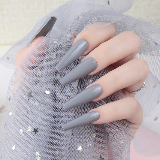 Glamorous Elegance Long Coffin Press On Nail Set in Stunning Grey with High Gloss Finish