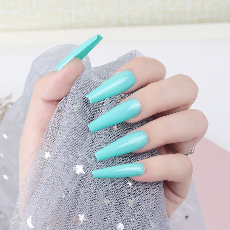 Dreamy Ocean Vibes Long Coffin Press On Nails in Turquoise with High Gloss Finish and Unique Glitter Accents