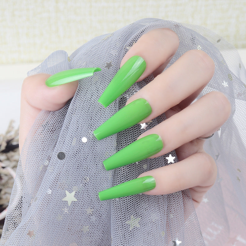 Vibrant Garden Long Coffin Glossy Green Press On Nail Set with Unique Curved Peak Design