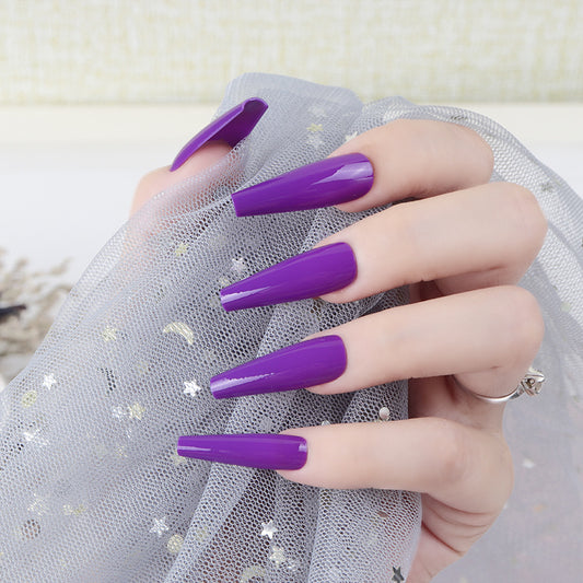 Glamorous Royal Purple Long Coffin Press On Nail Set with High Gloss Finish