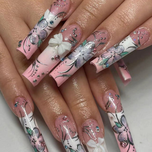 Enchanted Garden Long Coffin Baby Pink with Floral Art and Rhinestone Embellishments Press On Nail Set