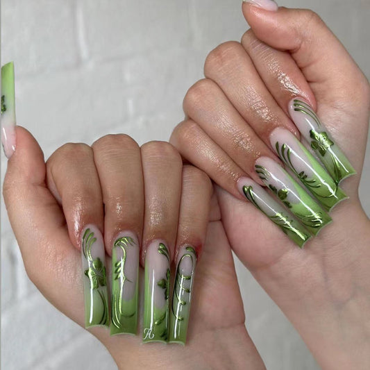 Mystical Meadow Long Coffin Glossy Green Press On Nails with Herbaceous Artistry
