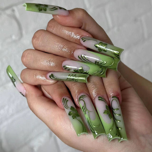 Enchanted Forest Extra Long Sculpted Coffin Green Press On Nails with Botanical Embossing