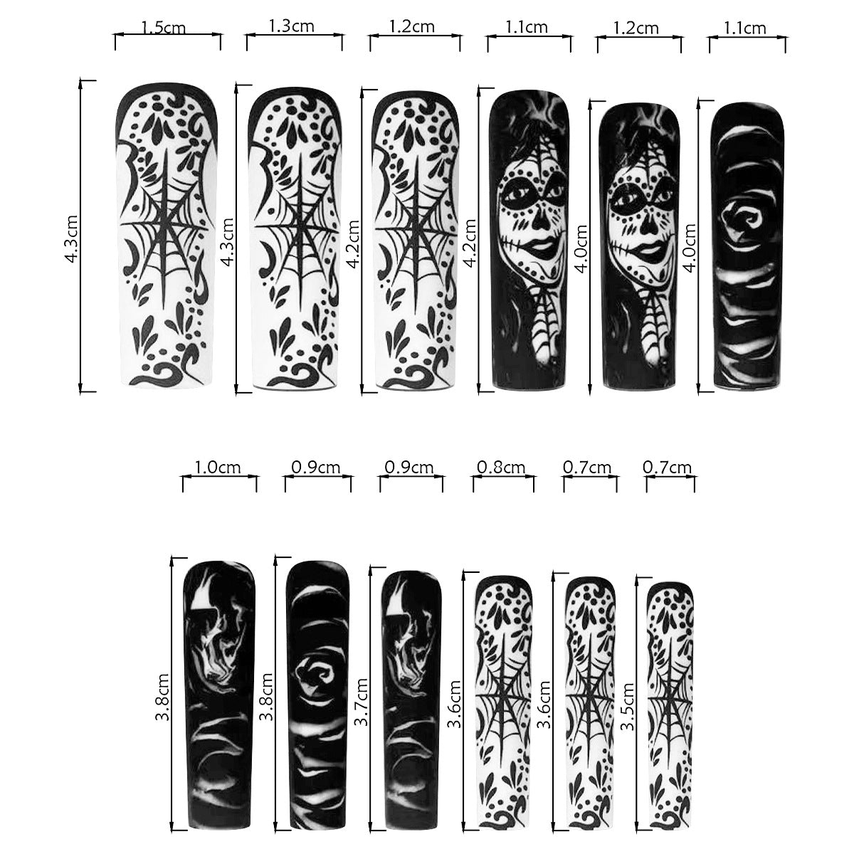 Mystic Moonlight Long Coffin Black and White Press On Nail Set with Spiderweb and Face Art Design