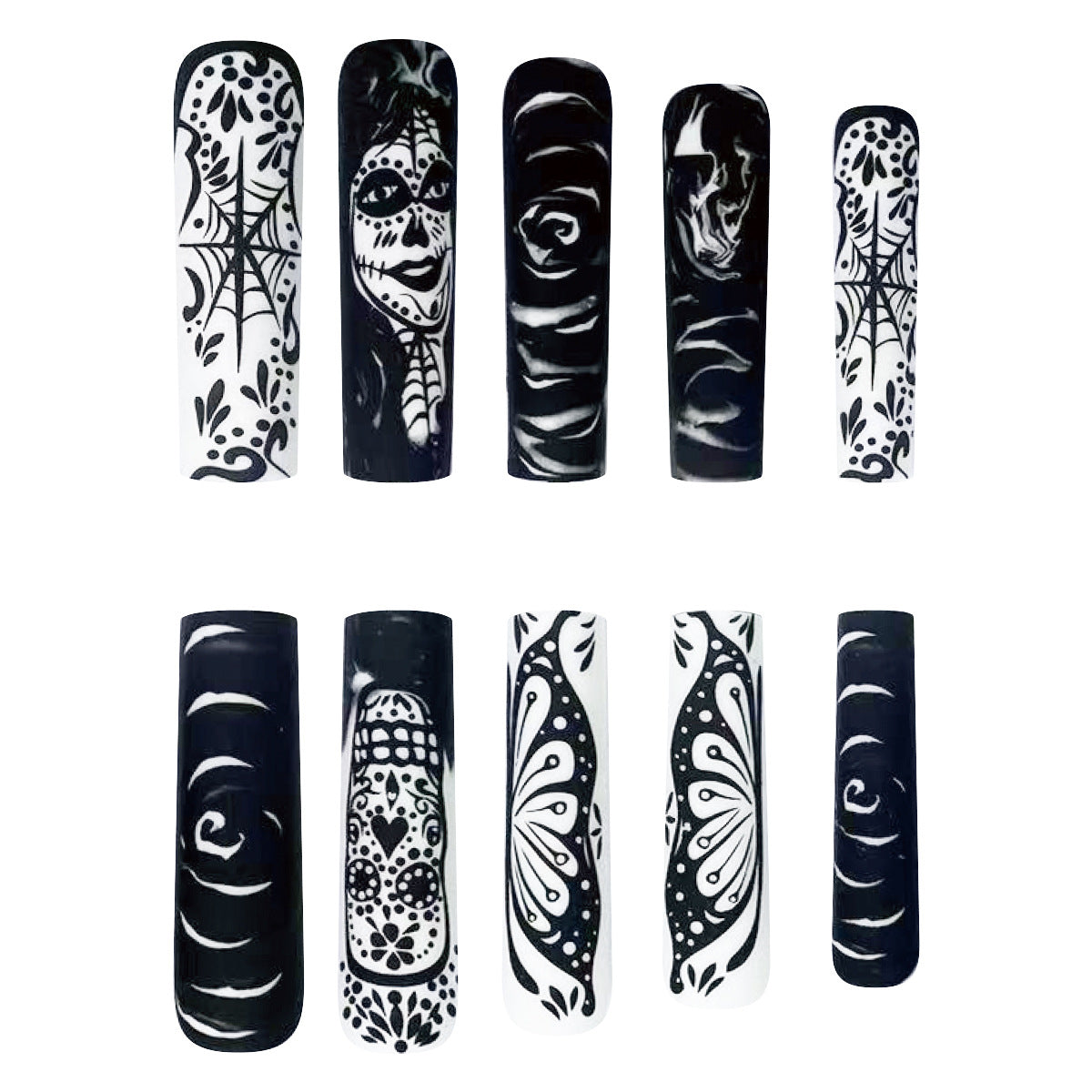 Spooky Elegance Long Coffin Black and White Press On Nail Set with Artistic Halloween Designs