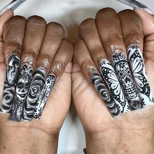Mystical Skulls Extra Long Coffin Black and White Press On Nail Set with Intricate Day of the Dead Designs