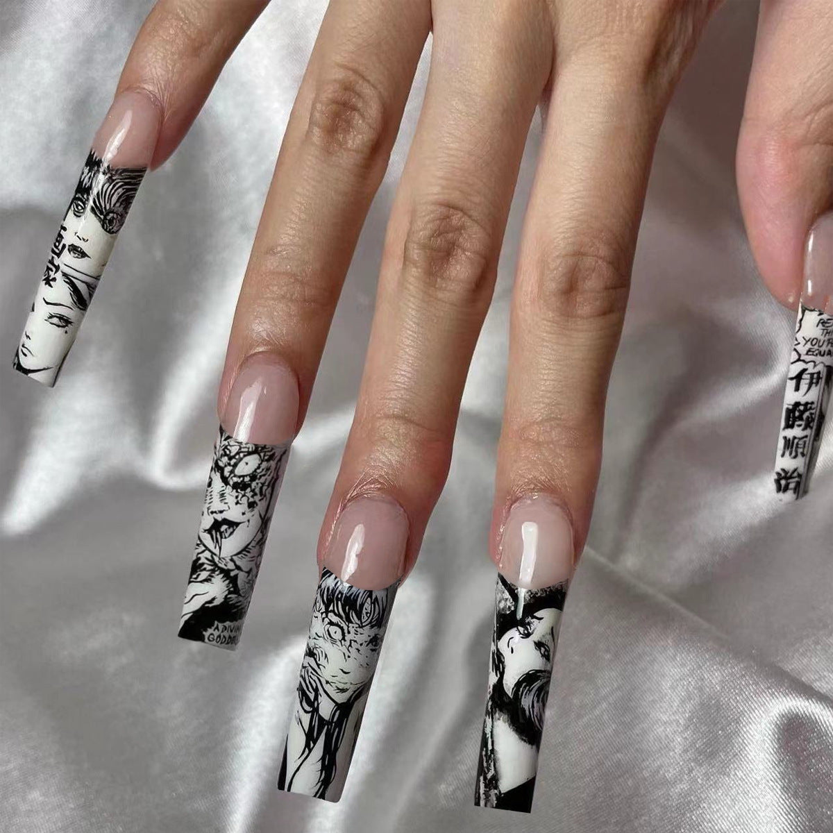 Anime Fantasy Long Square Black And White Graphic Press On Nail Set