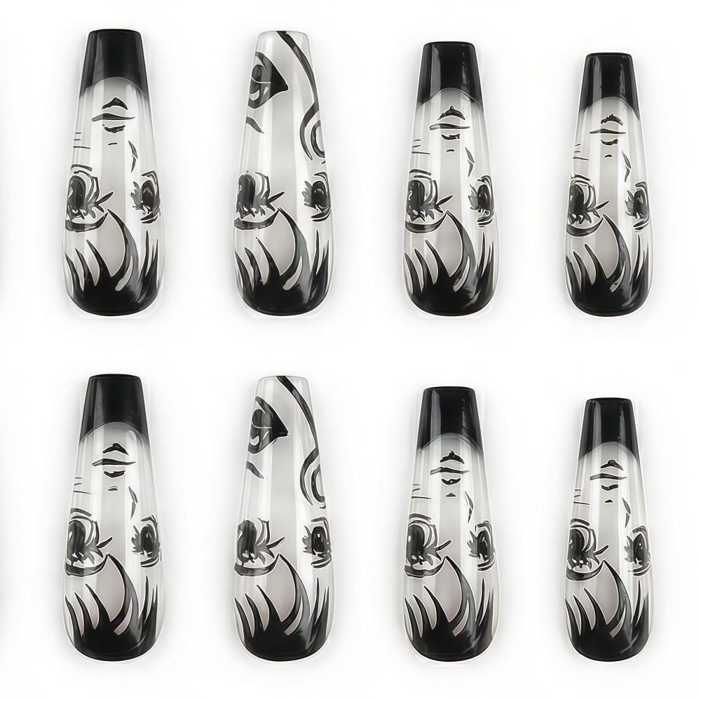 Haunting Beauty Long Coffin Clear with Black Artistic Design Press On Nail Set