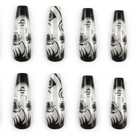 Haunting Beauty Long Coffin Clear with Black Artistic Design Press On Nail Set