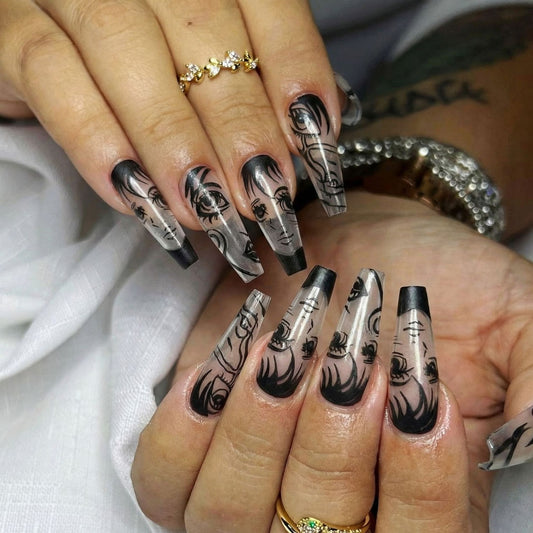 Artistic Elegance Stylish Long Coffin Transparent Black Tip Nail Set with Unique Artistic Design