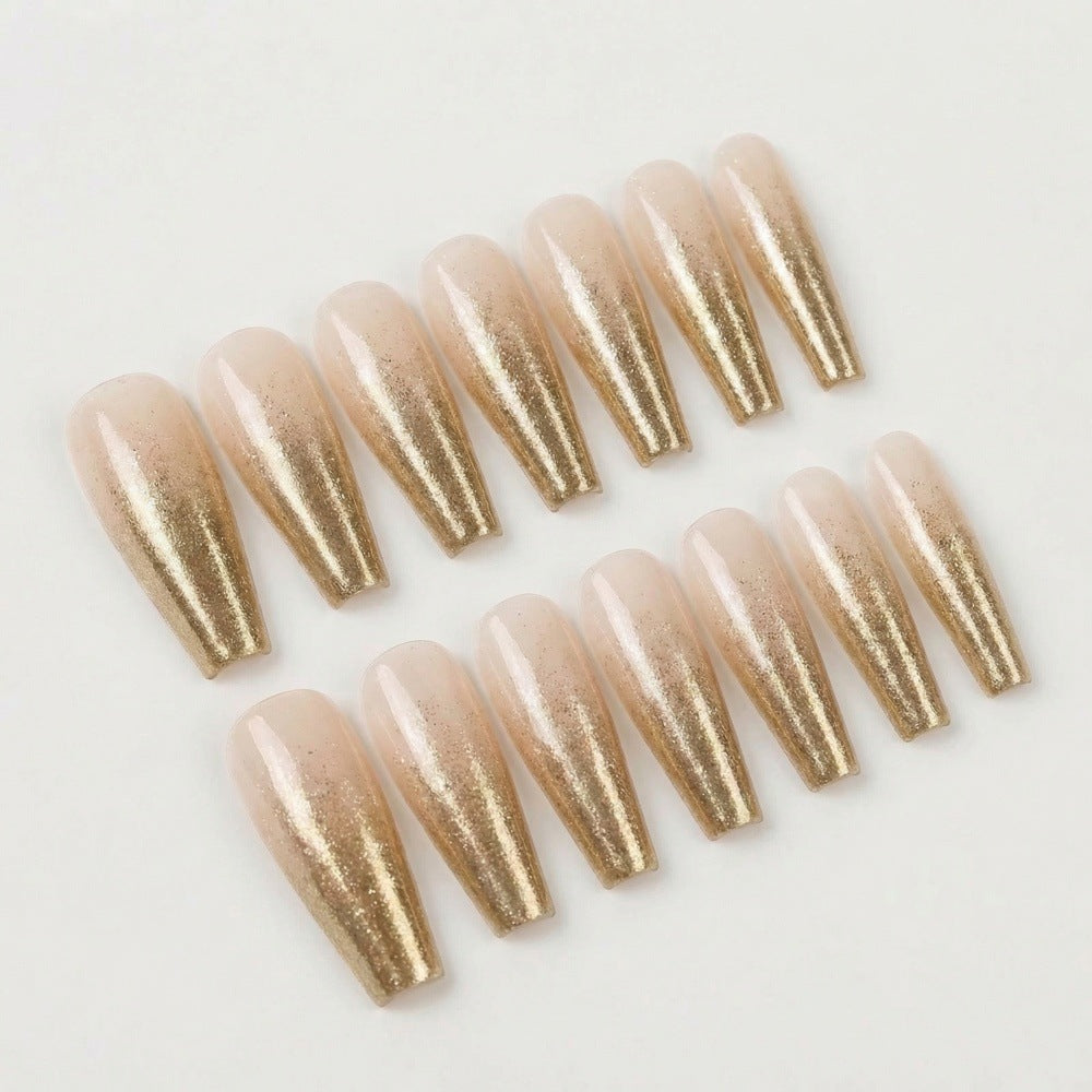 Glamorous Elegance Long Coffin Shape Beige with Golden Sparkle Press On Nail Set