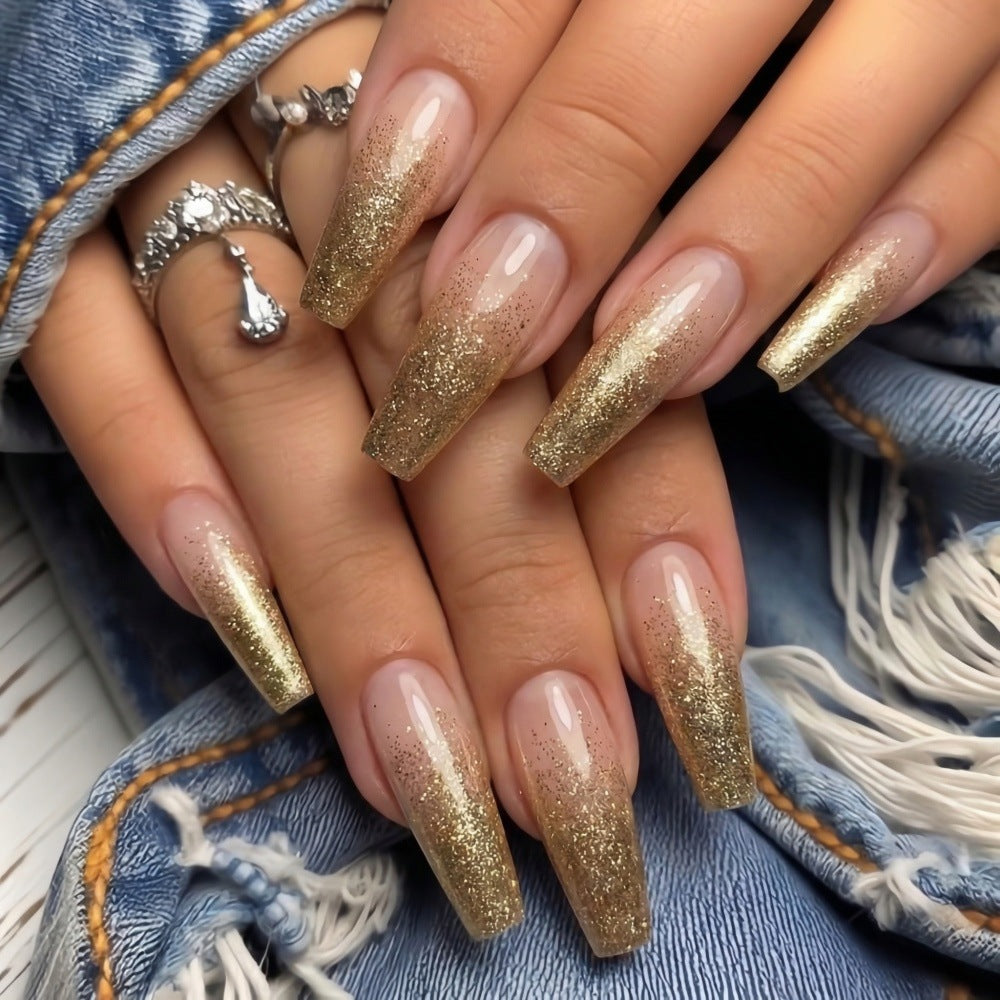 Glamorous Golden Ombre Long Coffin Shaped Press On Nail Set with Sparkling Glitter Finish