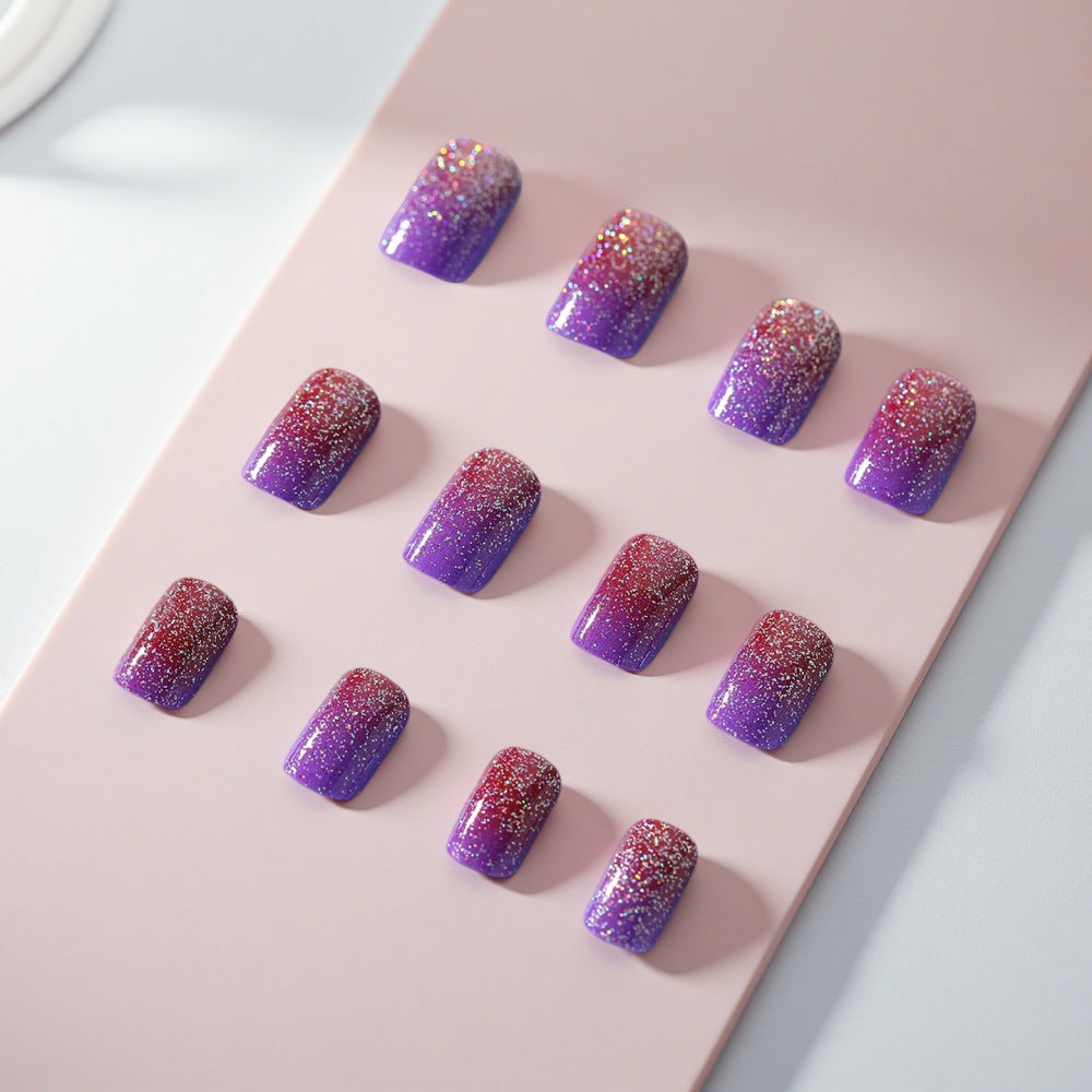 Galactic Dream Purple Ombre Short Square Press On Nail Set with Sparkling Glitter Finish