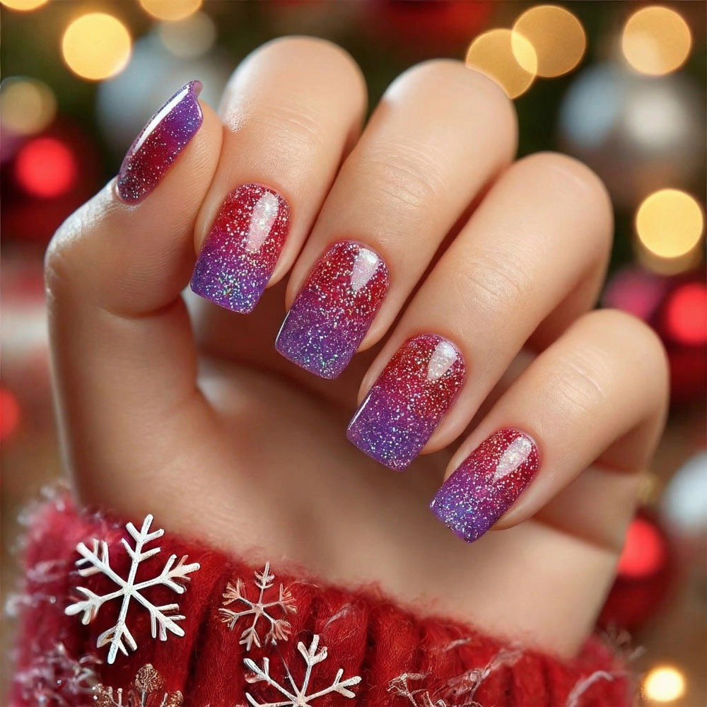 Festive Glamour Short Square Red and Purple Ombre Glitter Press on Nail Set