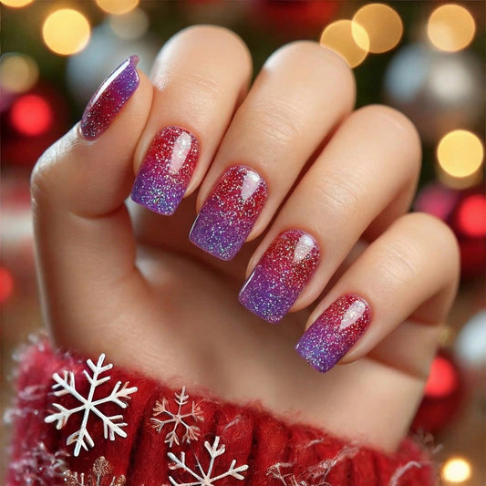 Festive Glamour Short Square Red and Purple Ombre Glitter Press on Nail Set