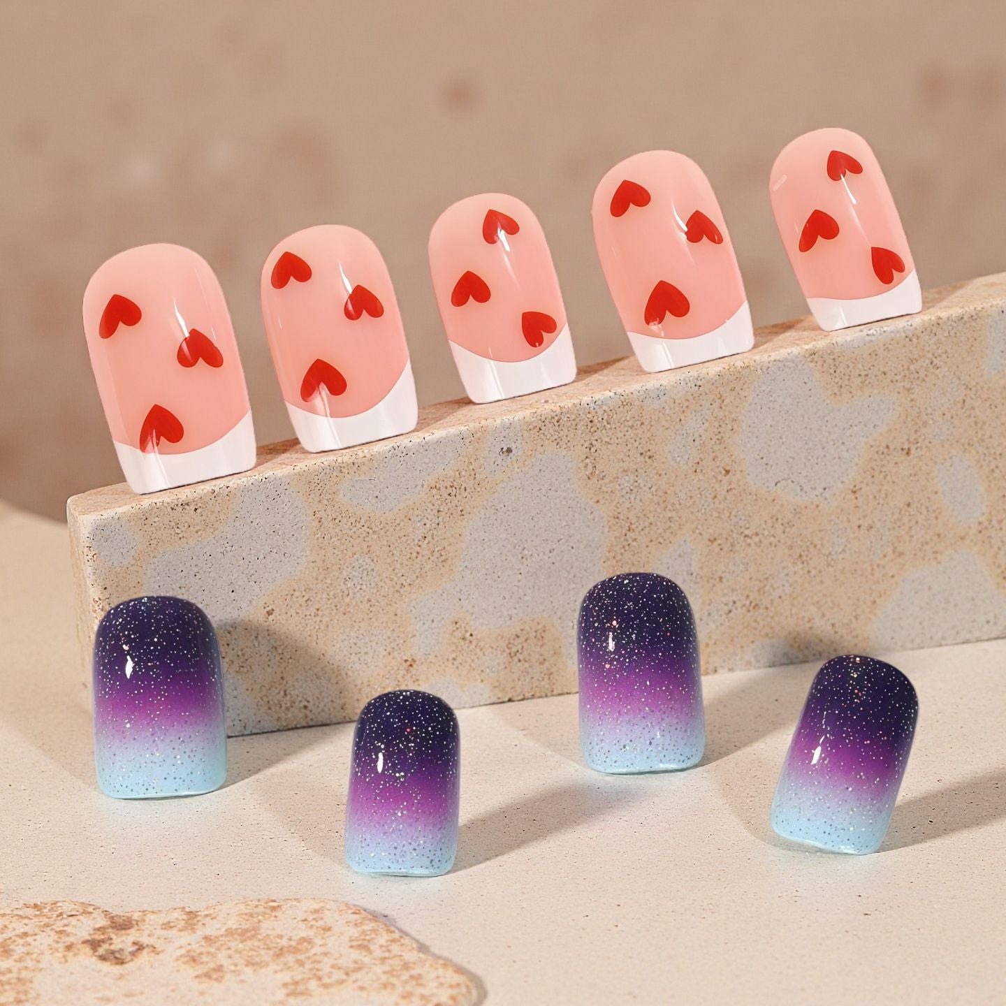 Romantic Charm Short Square Pink with Heart Designs and Beautiful Ombre Glitter Feature Press On Nail Set
