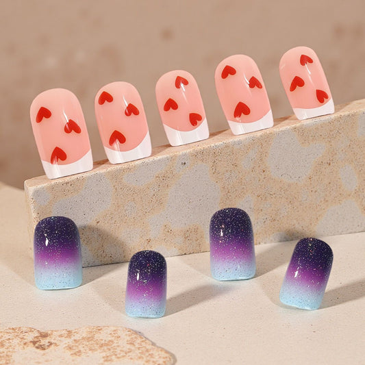 Romantic Charm Short Square Pink with Heart Designs and Beautiful Ombre Glitter Feature Press On Nail Set