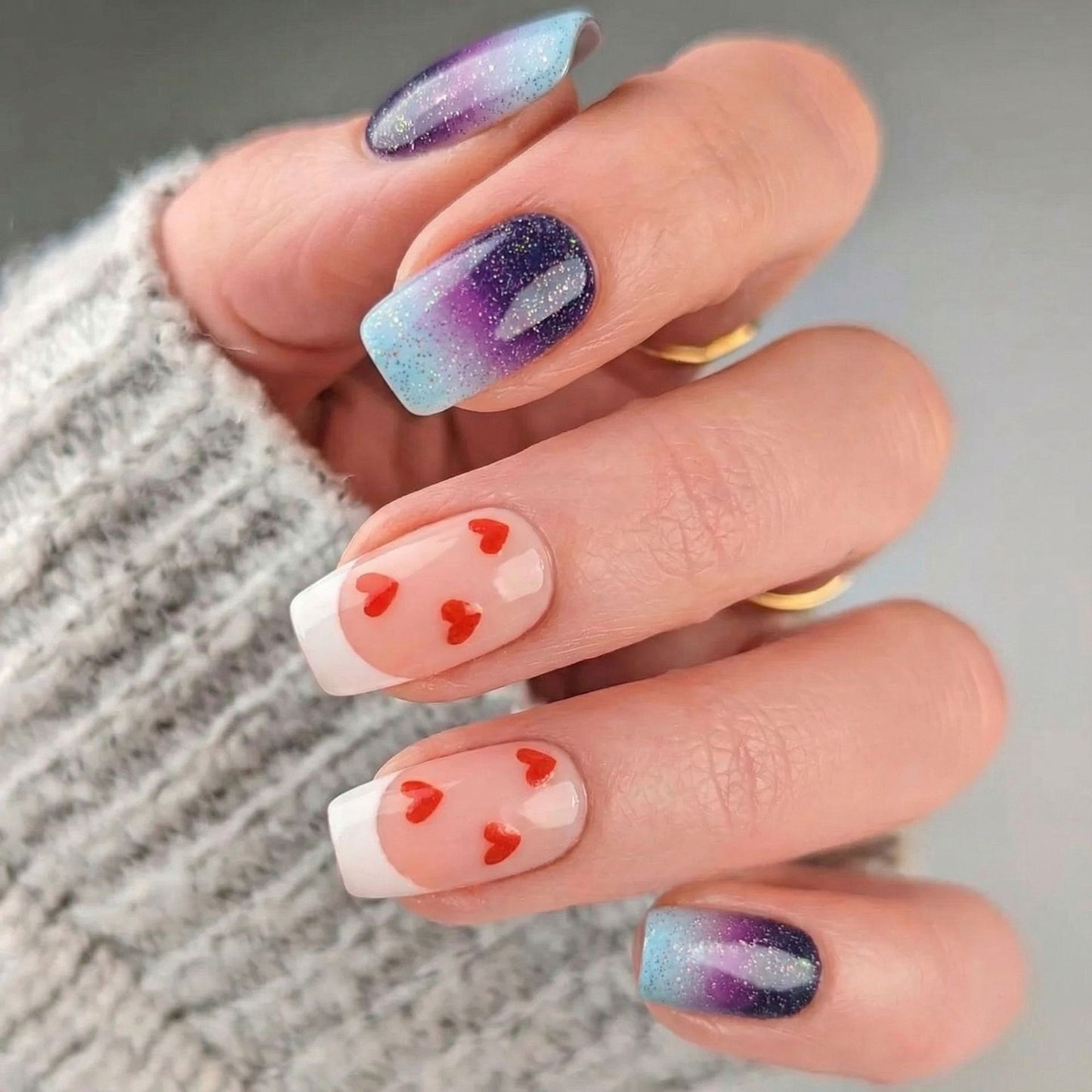 Enchanted Romance Short Square Blue and Purple Ombre with Heart Accents Press On Nail Set