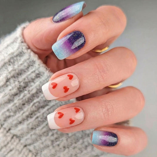 Enchanted Romance Short Square Blue and Purple Ombre with Heart Accents Press On Nail Set