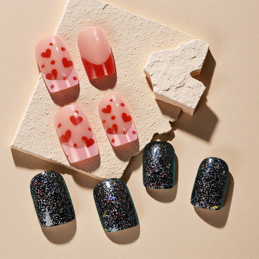 Love Struck Short Square Pink and Black Glitter Press On Nail Set for a Sparkling Starry Night Look