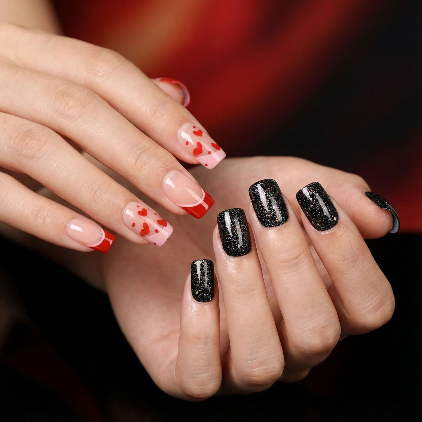Romantic Night Press On Nail Set Short Square Red and Black with Heart Designs