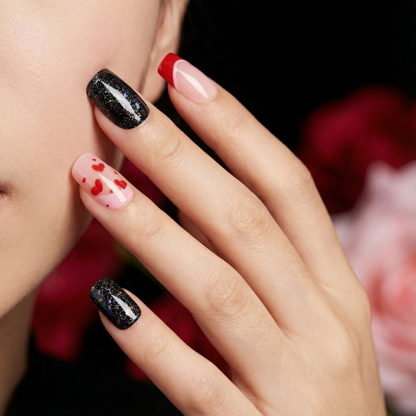 Romantic Vibes Short Square Multicolored Press On Nail Set with Heart and Glitter Accents