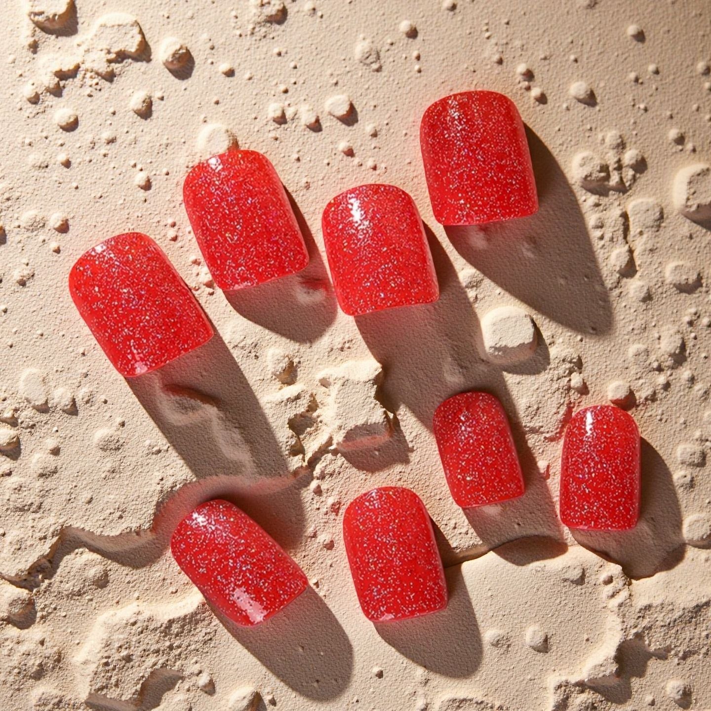 Glamorous Sparkle Red Short Square Press-On Nail Set with Glitter Finish