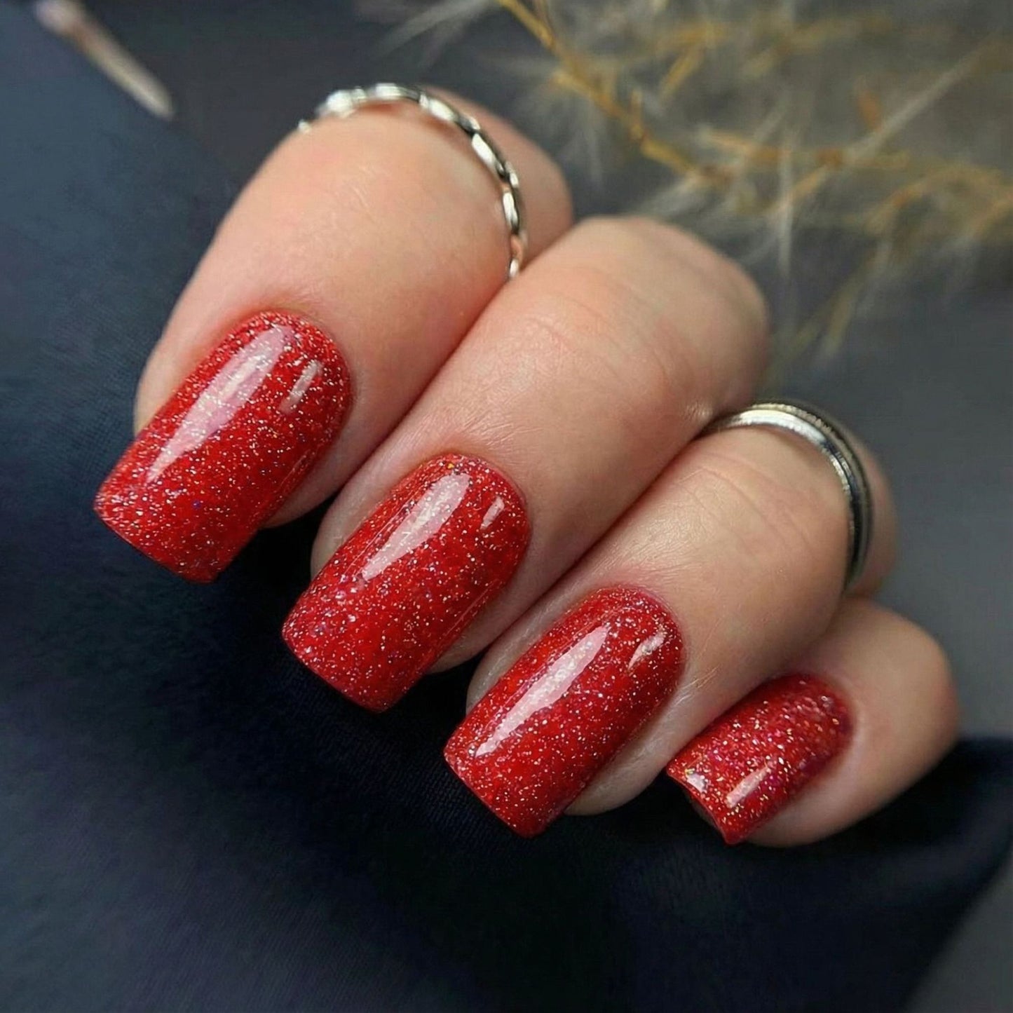 Glamorous Red Short Square Press On Nail Set with Sparkling Glitter Finish