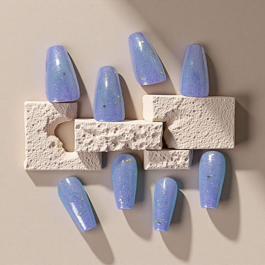 Celestial Dream Long Coffin Blue with Sparkling Glitter Press-On Nail Set