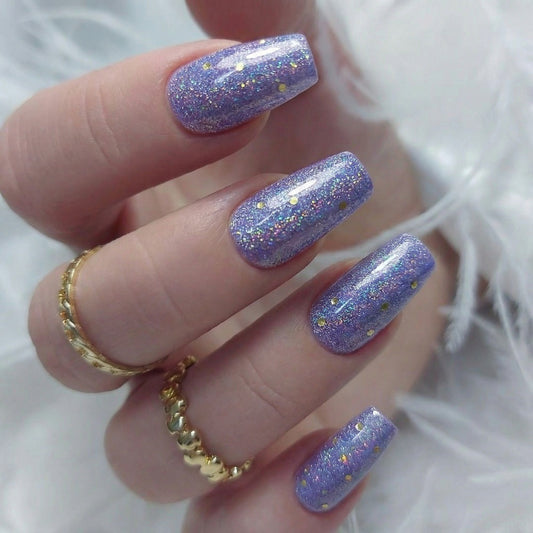 Mystical Charm Long Coffin Lilac Glitter Press-On Nail Set with Dazzling Sparkles