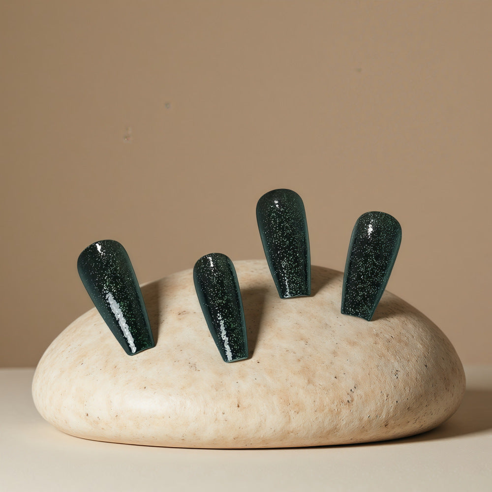 Mystical Forest Glamour Long Coffin Shaped Dark Green Nails with Sparkling Finish