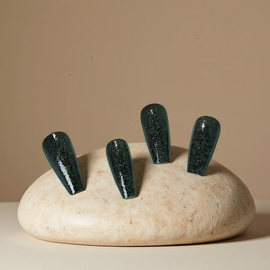 Mystical Forest Glamour Long Coffin Shaped Dark Green Nails with Sparkling Finish