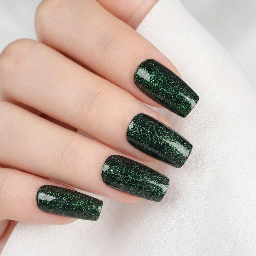 Enchanting Forest Vibes Long Square Emerald Green Glitter Press On Nail Set