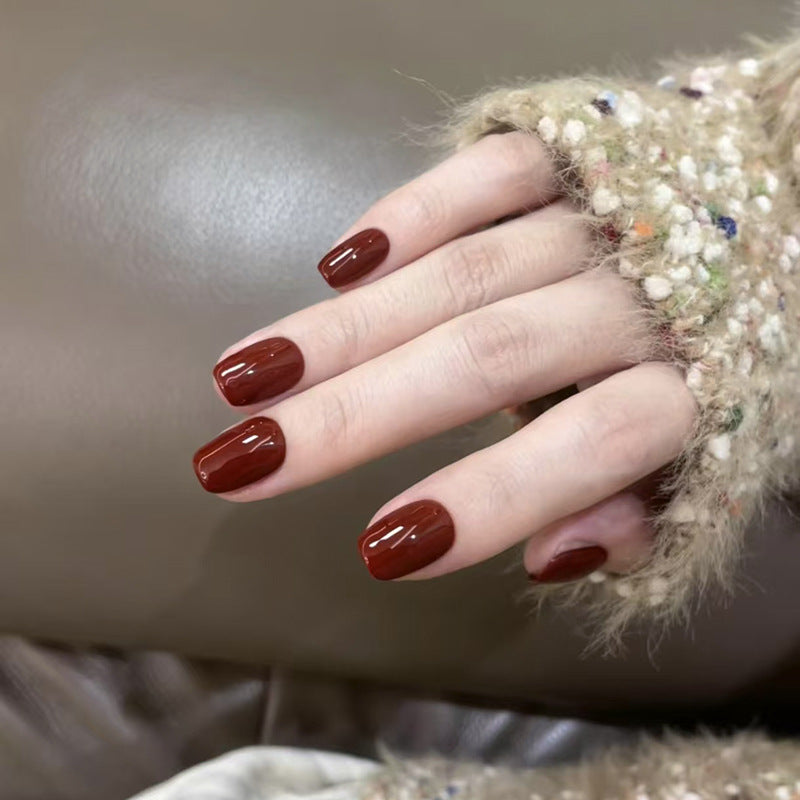 Cozy Autumn Vibes Short Square Deep Burgundy Glossy Press On Nail Set