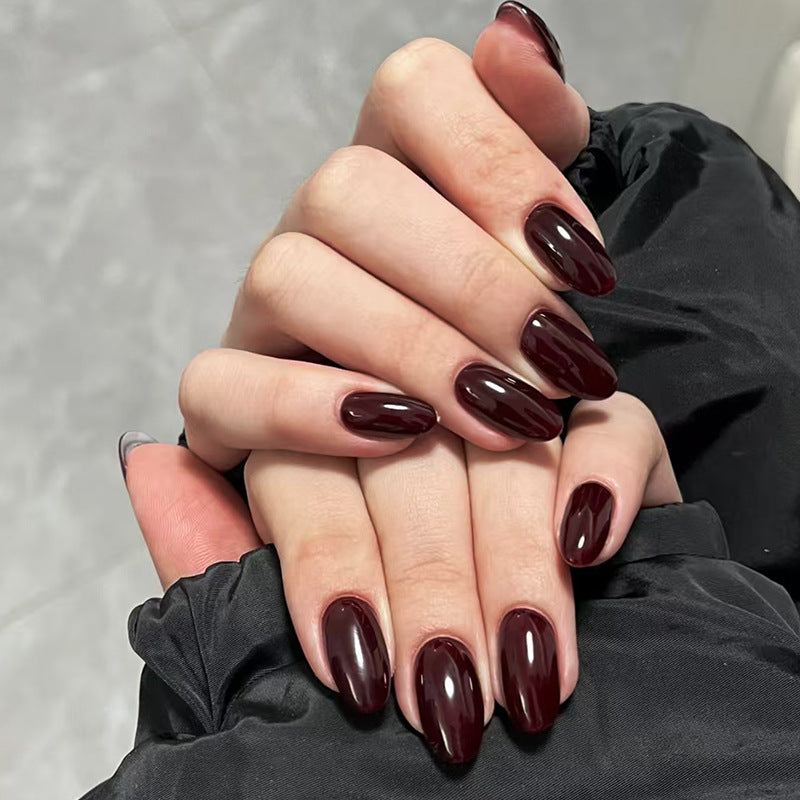 Gothic Elegance Long Almond Burgundy Shiny Press On Nail Set with Luxurious Gloss Finish